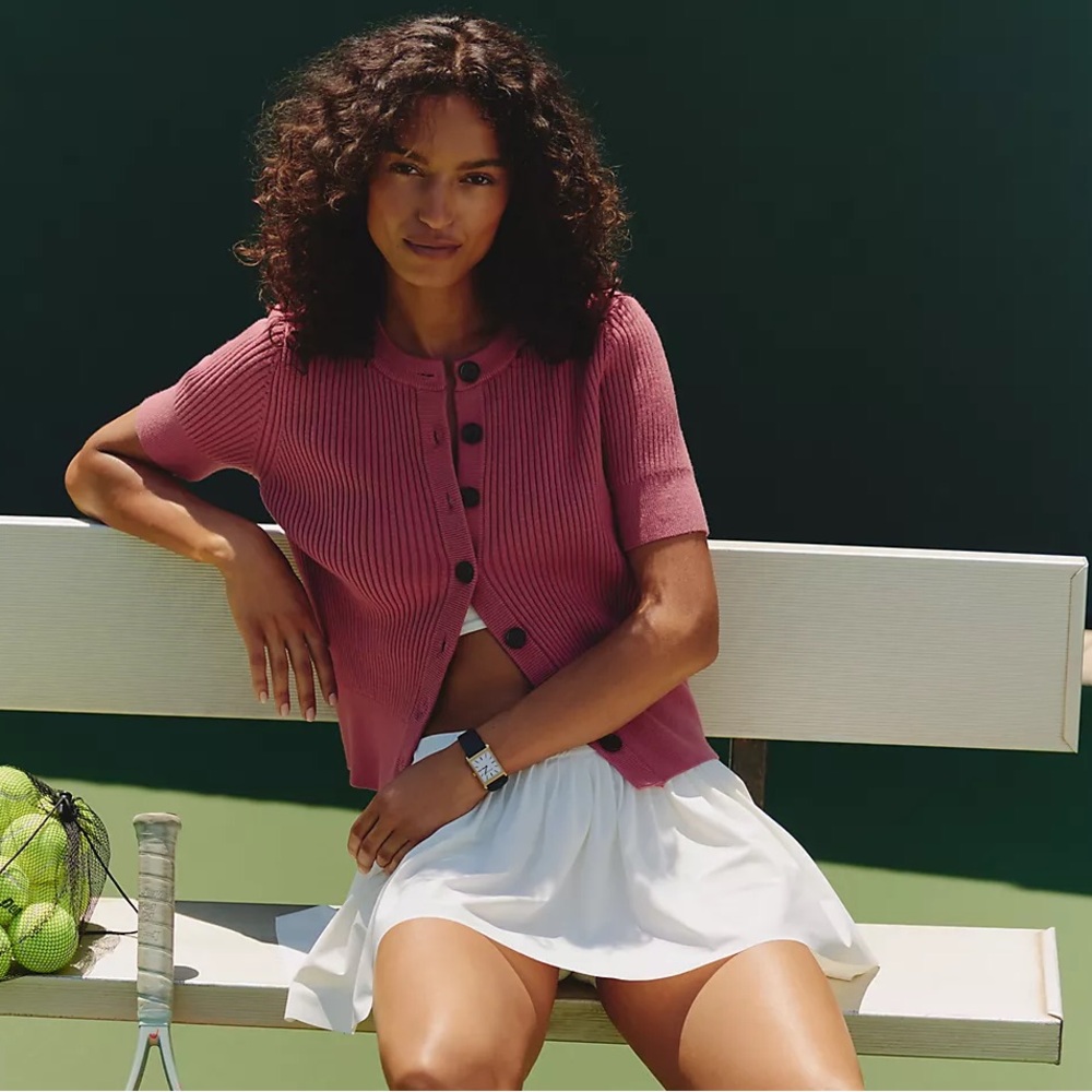 Varley Pink Ribbed Button-Front Short Sleeve Top